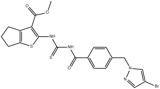 methyl 2-{[({4-[(4-bromo-1H-pyrazol-1-yl)methyl]benzoyl}amino)carbothioyl]amino}-5,6-dihydro-4H-cyclopenta[b]thiophene-3-carboxylate Struktur