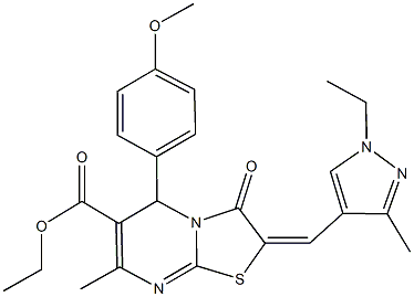 ethyl 2-[(1-ethyl-3-methyl-1H-pyrazol-4-yl)methylene]-5-(4-methoxyphenyl)-7-methyl-3-oxo-2,3-dihydro-5H-[1,3]thiazolo[3,2-a]pyrimidine-6-carboxylate Struktur