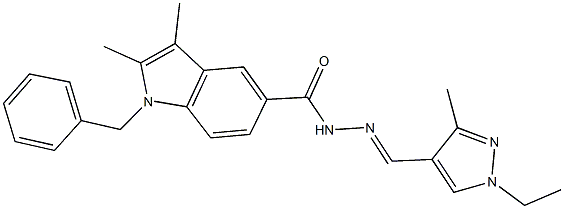 1-benzyl-N'-[(1-ethyl-3-methyl-1H-pyrazol-4-yl)methylene]-2,3-dimethyl-1H-indole-5-carbohydrazide Struktur