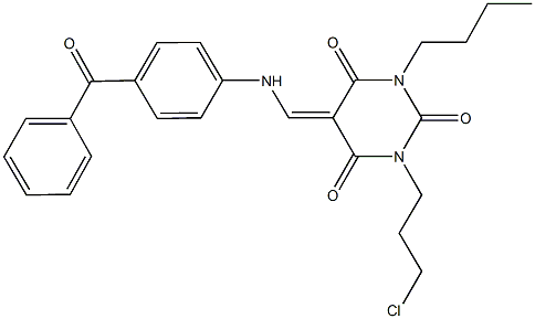 5-[(4-benzoylanilino)methylene]-1-butyl-3-(3-chloropropyl)-2,4,6(1H,3H,5H)-pyrimidinetrione Struktur