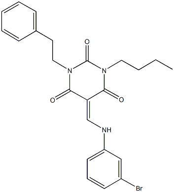 5-[(3-bromoanilino)methylene]-1-butyl-3-(2-phenylethyl)-2,4,6(1H,3H,5H)-pyrimidinetrione Struktur