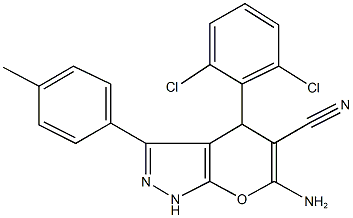 6-amino-4-(2,6-dichlorophenyl)-3-(4-methylphenyl)-1,4-dihydropyrano[2,3-c]pyrazole-5-carbonitrile Struktur