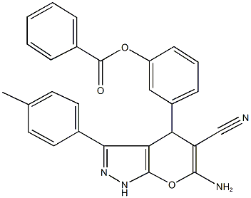 3-[6-amino-5-cyano-3-(4-methylphenyl)-1,4-dihydropyrano[2,3-c]pyrazol-4-yl]phenyl benzoate Struktur