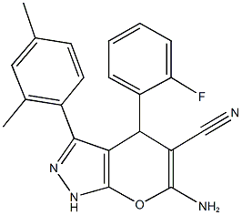 6-amino-3-(2,4-dimethylphenyl)-4-(2-fluorophenyl)-1,4-dihydropyrano[2,3-c]pyrazole-5-carbonitrile Struktur