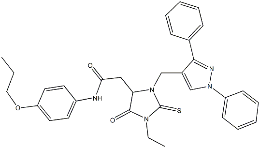 2-{3-[(1,3-diphenyl-1H-pyrazol-4-yl)methyl]-1-ethyl-5-oxo-2-thioxo-4-imidazolidinyl}-N-(4-propoxyphenyl)acetamide Struktur