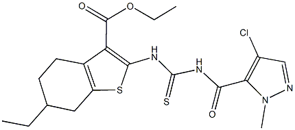 ethyl 2-[({[(4-chloro-1-methyl-1H-pyrazol-5-yl)carbonyl]amino}carbothioyl)amino]-6-ethyl-4,5,6,7-tetrahydro-1-benzothiophene-3-carboxylate Struktur