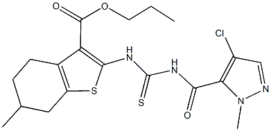 propyl 2-[({[(4-chloro-1-methyl-1H-pyrazol-5-yl)carbonyl]amino}carbothioyl)amino]-6-methyl-4,5,6,7-tetrahydro-1-benzothiophene-3-carboxylate Struktur