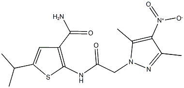 2-[({4-nitro-3,5-dimethyl-1H-pyrazol-1-yl}acetyl)amino]-5-isopropyl-3-thiophenecarboxamide Struktur