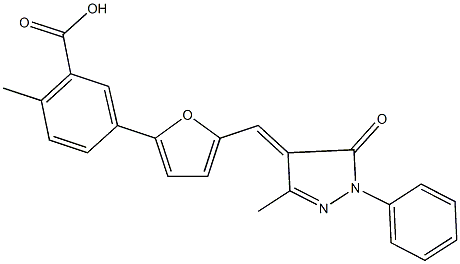 2-methyl-5-{5-[(3-methyl-5-oxo-1-phenyl-1,5-dihydro-4H-pyrazol-4-ylidene)methyl]-2-furyl}benzoic acid Struktur