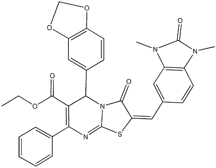 ethyl 5-(1,3-benzodioxol-5-yl)-2-[(1,3-dimethyl-2-oxo-2,3-dihydro-1H-benzimidazol-5-yl)methylene]-3-oxo-7-phenyl-2,3-dihydro-5H-[1,3]thiazolo[3,2-a]pyrimidine-6-carboxylate Struktur