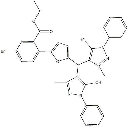 ethyl 2-{5-[bis(5-hydroxy-3-methyl-1-phenyl-1H-pyrazol-4-yl)methyl]-2-furyl}-5-bromobenzoate Struktur