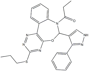 6-(3-phenyl-1H-pyrazol-4-yl)-7-propionyl-6,7-dihydro[1,2,4]triazino[5,6-d][3,1]benzoxazepin-3-yl propyl sulfide Struktur