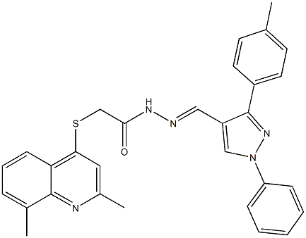 2-[(2,8-dimethyl-4-quinolinyl)sulfanyl]-N'-{[3-(4-methylphenyl)-1-phenyl-1H-pyrazol-4-yl]methylene}acetohydrazide Struktur