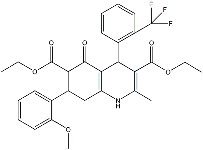 diethyl 7-(2-methoxyphenyl)-2-methyl-5-oxo-4-[2-(trifluoromethyl)phenyl]-1,4,5,6,7,8-hexahydro-3,6-quinolinedicarboxylate Struktur