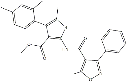 methyl 4-(2,4-dimethylphenyl)-5-methyl-2-{[(5-methyl-3-phenyl-4-isoxazolyl)carbonyl]amino}-3-thiophenecarboxylate Struktur