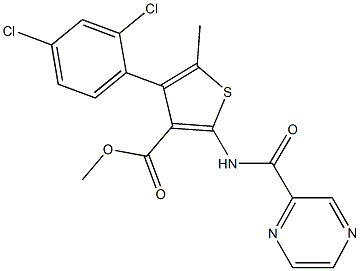 methyl 4-(2,4-dichlorophenyl)-5-methyl-2-[(pyrazin-2-ylcarbonyl)amino]thiophene-3-carboxylate Struktur