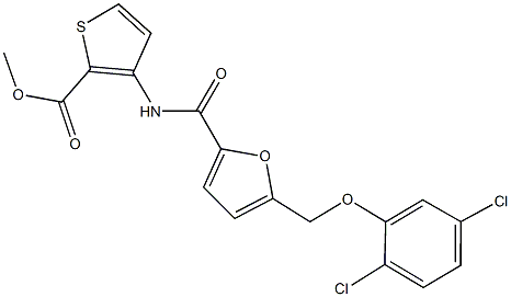 methyl 3-({5-[(2,5-dichlorophenoxy)methyl]-2-furoyl}amino)-2-thiophenecarboxylate Struktur