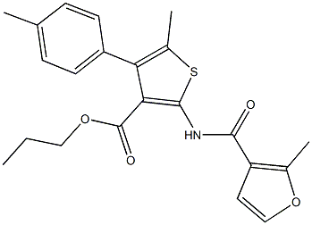 propyl 5-methyl-2-[(2-methyl-3-furoyl)amino]-4-(4-methylphenyl)-3-thiophenecarboxylate Struktur