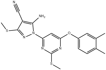 5-amino-1-[6-(3,4-dimethylphenoxy)-2-(methylsulfanyl)-4-pyrimidinyl]-3-(methylsulfanyl)-1H-pyrazole-4-carbonitrile Struktur