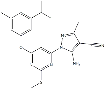 5-amino-1-[6-(3-isopropyl-5-methylphenoxy)-2-(methylsulfanyl)-4-pyrimidinyl]-3-methyl-1H-pyrazole-4-carbonitrile Struktur