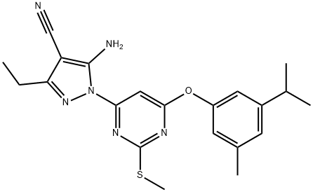 5-amino-3-ethyl-1-[6-(3-isopropyl-5-methylphenoxy)-2-(methylsulfanyl)-4-pyrimidinyl]-1H-pyrazole-4-carbonitrile Struktur