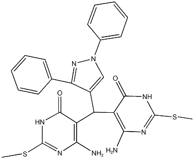 6-amino-5-[[4-amino-2-(methylsulfanyl)-6-oxo-1,6-dihydro-5-pyrimidinyl](1,3-diphenyl-1H-pyrazol-4-yl)methyl]-2-(methylsulfanyl)-4(3H)-pyrimidinone Struktur