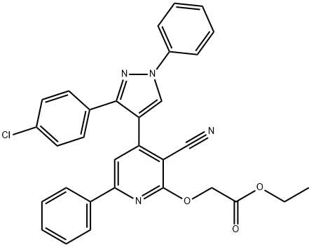 ethyl ({4-[3-(4-chlorophenyl)-1-phenyl-1H-pyrazol-4-yl]-3-cyano-6-phenyl-2-pyridinyl}oxy)acetate Struktur