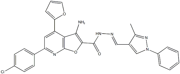 3-amino-6-(4-chlorophenyl)-4-(2-furyl)-N'-[(3-methyl-1-phenyl-1H-pyrazol-4-yl)methylene]furo[2,3-b]pyridine-2-carbohydrazide Struktur