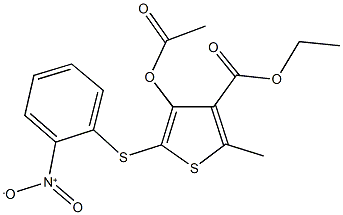 ethyl 4-(acetyloxy)-5-({2-nitrophenyl}sulfanyl)-2-methyl-3-thiophenecarboxylate Struktur