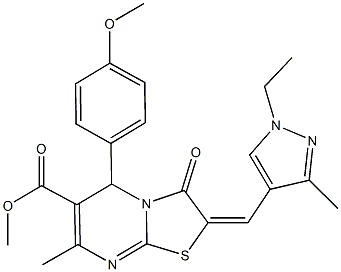 methyl 2-[(1-ethyl-3-methyl-1H-pyrazol-4-yl)methylene]-5-(4-methoxyphenyl)-7-methyl-3-oxo-2,3-dihydro-5H-[1,3]thiazolo[3,2-a]pyrimidine-6-carboxylate Struktur