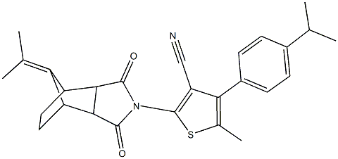 4-(4-isopropylphenyl)-5-methyl-2-[10-(1-methylethylidene)-3,5-dioxo-4-azatricyclo[5.2.1.0~2,6~]dec-4-yl]-3-thiophenecarbonitrile Struktur