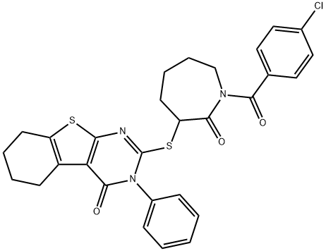 2-{[1-(4-chlorobenzoyl)-2-oxo-3-azepanyl]sulfanyl}-3-phenyl-5,6,7,8-tetrahydro[1]benzothieno[2,3-d]pyrimidin-4(3H)-one Struktur