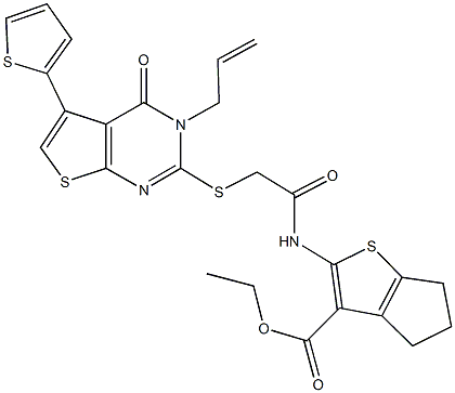 ethyl 2-[({[3-allyl-4-oxo-5-(2-thienyl)-3,4-dihydrothieno[2,3-d]pyrimidin-2-yl]sulfanyl}acetyl)amino]-5,6-dihydro-4H-cyclopenta[b]thiophene-3-carboxylate Struktur