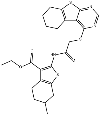 ethyl 6-methyl-2-{[(5,6,7,8-tetrahydro[1]benzothieno[2,3-d]pyrimidin-4-ylsulfanyl)acetyl]amino}-4,5,6,7-tetrahydro-1-benzothiophene-3-carboxylate Struktur