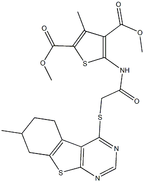 dimethyl 3-methyl-5-({[(7-methyl-5,6,7,8-tetrahydro[1]benzothieno[2,3-d]pyrimidin-4-yl)sulfanyl]acetyl}amino)-2,4-thiophenedicarboxylate Struktur