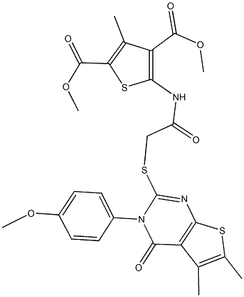 dimethyl 5-[({[3-(4-methoxyphenyl)-5,6-dimethyl-4-oxo-3,4-dihydrothieno[2,3-d]pyrimidin-2-yl]sulfanyl}acetyl)amino]-3-methyl-2,4-thiophenedicarboxylate Struktur