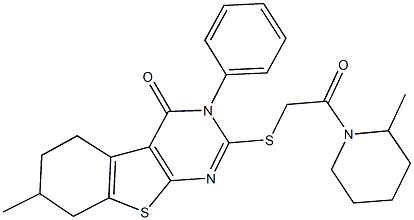 7-methyl-2-{[2-(2-methyl-1-piperidinyl)-2-oxoethyl]sulfanyl}-3-phenyl-5,6,7,8-tetrahydro[1]benzothieno[2,3-d]pyrimidin-4(3H)-one Struktur