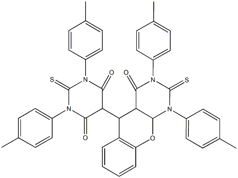 5-[1,3-bis(4-methylphenyl)-4-oxo-2-thioxo-1,3,4,4a,5,10a-hexahydro-2H-chromeno[2,3-d]pyrimidin-5-yl]-1,3-bis(4-methylphenyl)-2-thioxodihydro-4,6(1H,5H)-pyrimidinedione Struktur