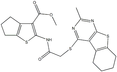 methyl 2-({[(2-methyl-5,6,7,8-tetrahydro[1]benzothieno[2,3-d]pyrimidin-4-yl)sulfanyl]acetyl}amino)-5,6-dihydro-4H-cyclopenta[b]thiophene-3-carboxylate Struktur