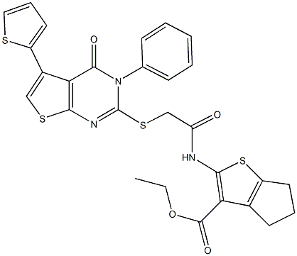 ethyl 2-[({[4-oxo-3-phenyl-5-(2-thienyl)-3,4-dihydrothieno[2,3-d]pyrimidin-2-yl]sulfanyl}acetyl)amino]-5,6-dihydro-4H-cyclopenta[b]thiophene-3-carboxylate Struktur