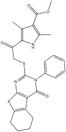 methyl 2,4-dimethyl-5-{[(4-oxo-3-phenyl-3,4,5,6,7,8-hexahydro[1]benzothieno[2,3-d]pyrimidin-2-yl)sulfanyl]acetyl}-1H-pyrrole-3-carboxylate Struktur