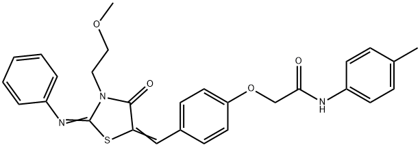 2-(4-{[3-(2-methoxyethyl)-4-oxo-2-(phenylimino)-1,3-thiazolidin-5-ylidene]methyl}phenoxy)-N-(4-methylphenyl)acetamide Struktur