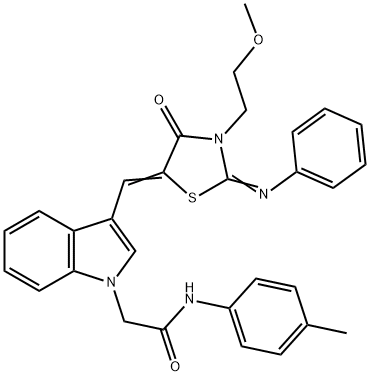 2-(3-{[3-(2-methoxyethyl)-4-oxo-2-(phenylimino)-1,3-thiazolidin-5-ylidene]methyl}-1H-indol-1-yl)-N-(4-methylphenyl)acetamide Struktur