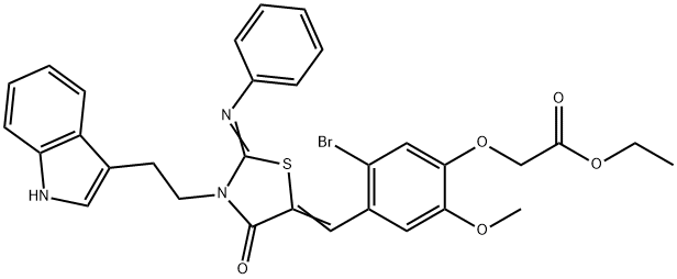 ethyl (5-bromo-4-{[3-[2-(1H-indol-3-yl)ethyl]-4-oxo-2-(phenylimino)-1,3-thiazolidin-5-ylidene]methyl}-2-methoxyphenoxy)acetate Struktur