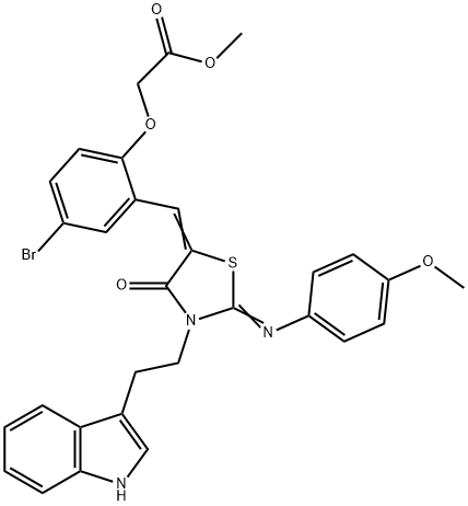 methyl [4-bromo-2-({3-[2-(1H-indol-3-yl)ethyl]-2-[(4-methoxyphenyl)imino]-4-oxo-1,3-thiazolidin-5-ylidene}methyl)phenoxy]acetate Struktur