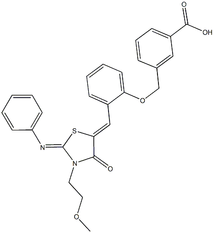 3-[(2-{[3-(2-methoxyethyl)-4-oxo-2-(phenylimino)-1,3-thiazolidin-5-ylidene]methyl}phenoxy)methyl]benzoic acid Struktur