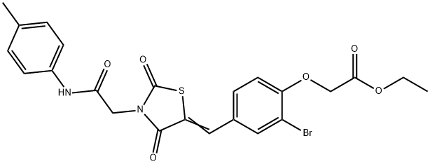 ethyl [2-bromo-4-({2,4-dioxo-3-[2-oxo-2-(4-toluidino)ethyl]-1,3-thiazolidin-5-ylidene}methyl)phenoxy]acetate Struktur