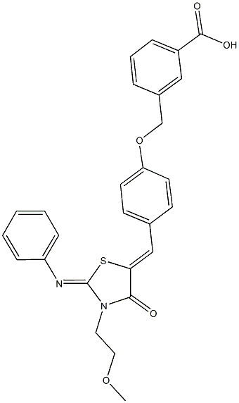 3-[(4-{[3-(2-methoxyethyl)-4-oxo-2-(phenylimino)-1,3-thiazolidin-5-ylidene]methyl}phenoxy)methyl]benzoic acid Struktur