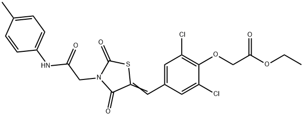 ethyl [2,6-dichloro-4-({2,4-dioxo-3-[2-oxo-2-(4-toluidino)ethyl]-1,3-thiazolidin-5-ylidene}methyl)phenoxy]acetate Struktur