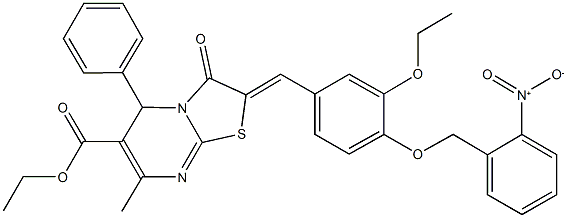 ethyl 2-[3-ethoxy-4-({2-nitrobenzyl}oxy)benzylidene]-7-methyl-3-oxo-5-phenyl-2,3-dihydro-5H-[1,3]thiazolo[3,2-a]pyrimidine-6-carboxylate Struktur